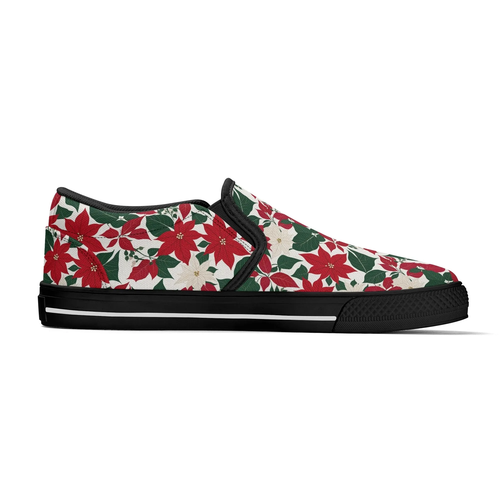 Womens Red and White Poinsettia Flower Rubber Slip On Shoes