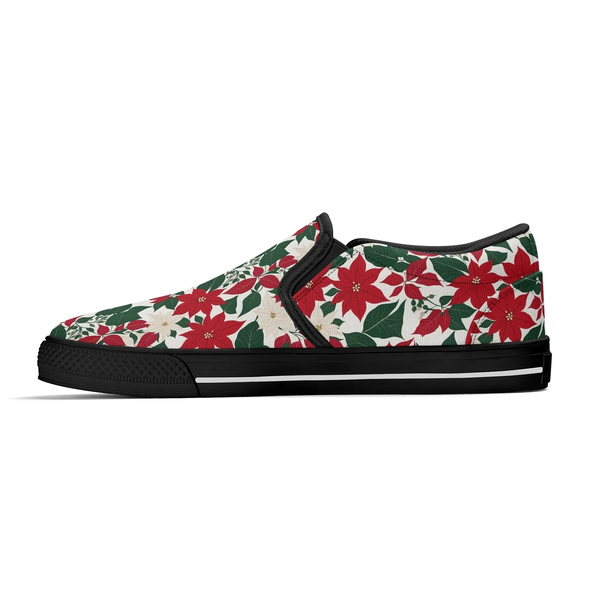 Womens Red and White Poinsettia Flower Rubber Slip On Shoes