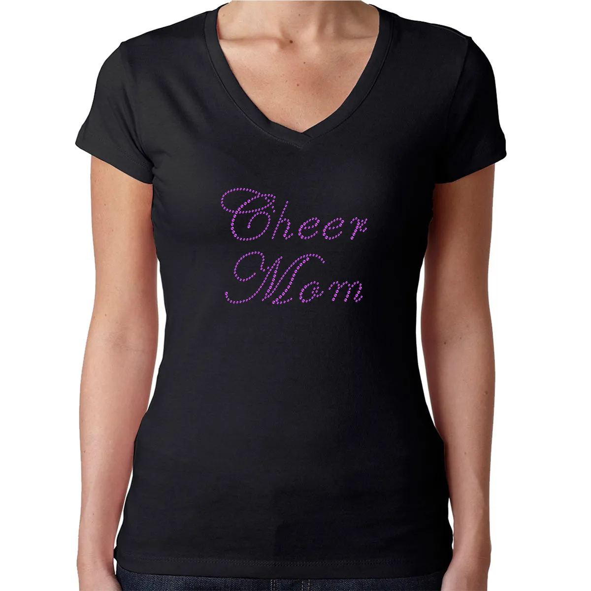 Womens T-Shirt Rhinestone Bling Black Fitted Tee Cheer Mom Cheerleader Purple