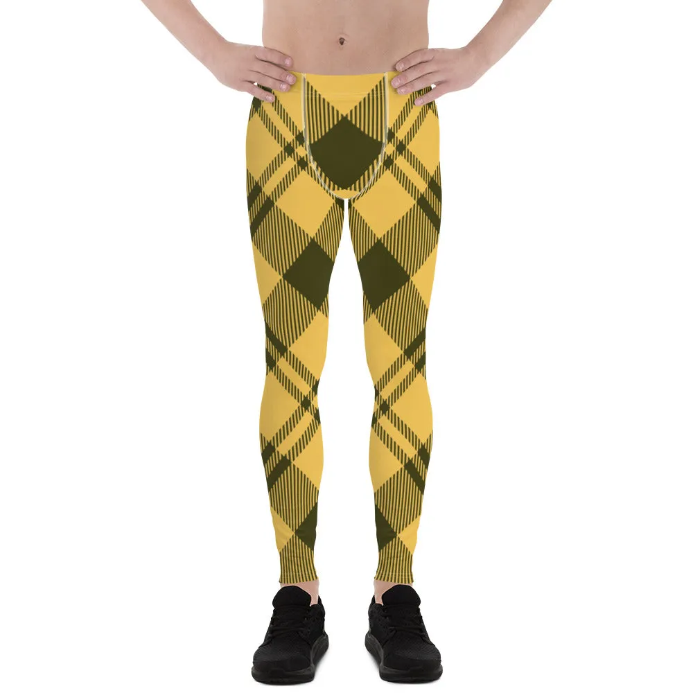 Yellow Plaid Print Men's Leggings, Plaid Print Classic Designer Men's Leggings - Made in USA/EU/MX