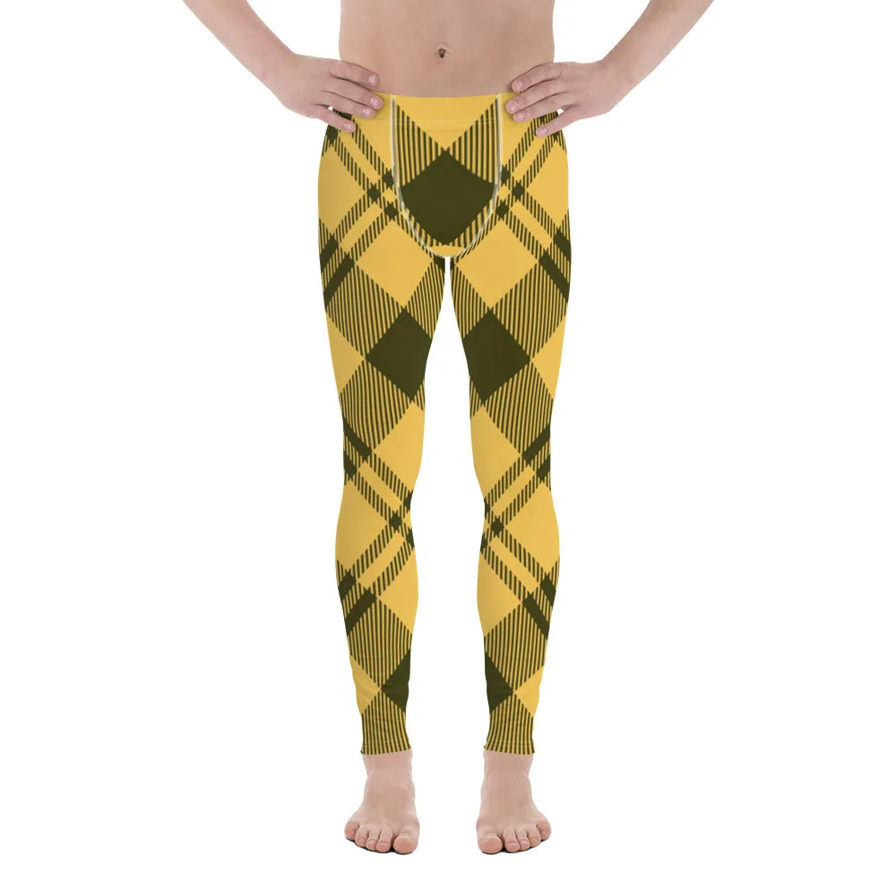 Yellow Plaid Print Men's Leggings, Plaid Print Classic Designer Men's Leggings - Made in USA/EU/MX