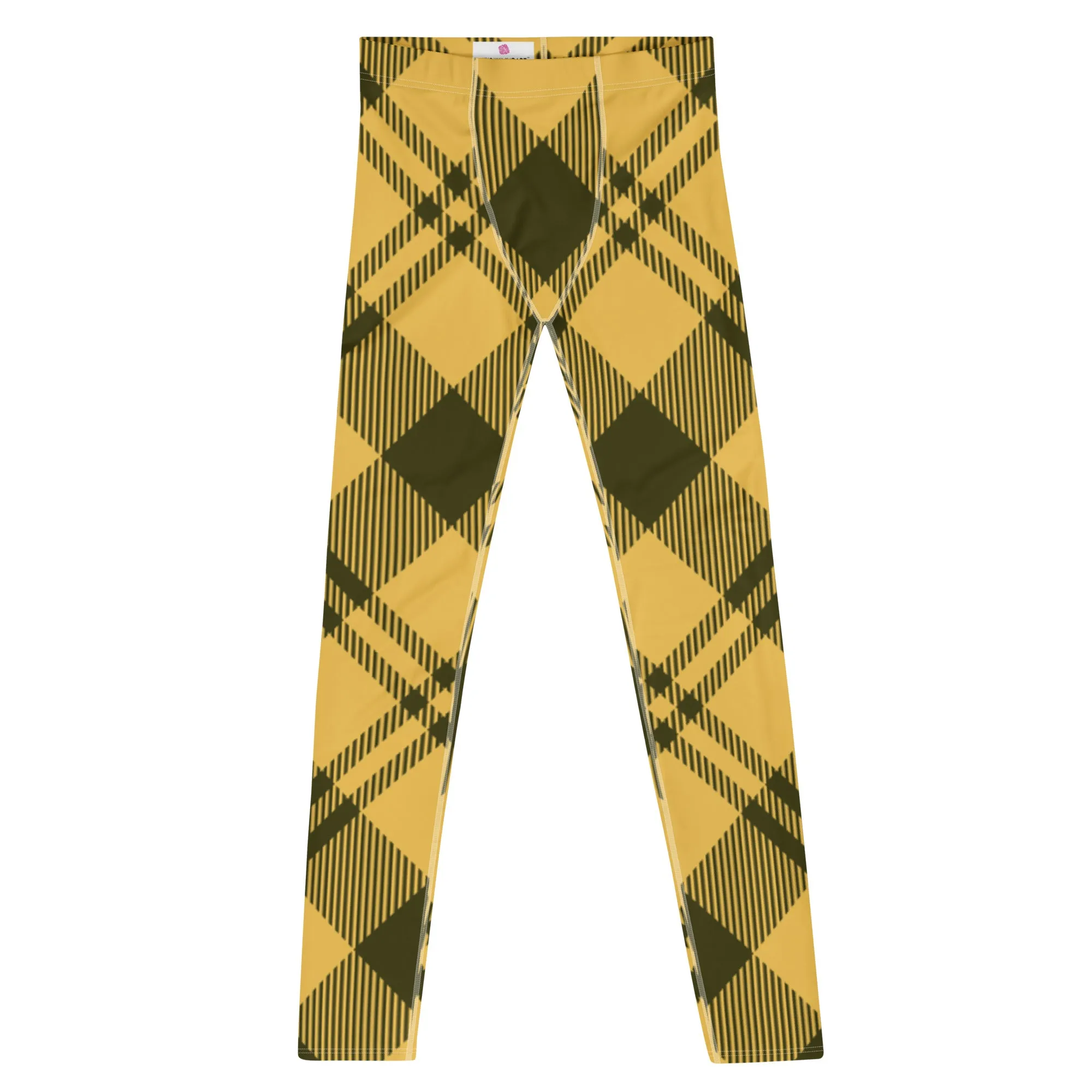 Yellow Plaid Print Men's Leggings, Plaid Print Classic Designer Men's Leggings - Made in USA/EU/MX