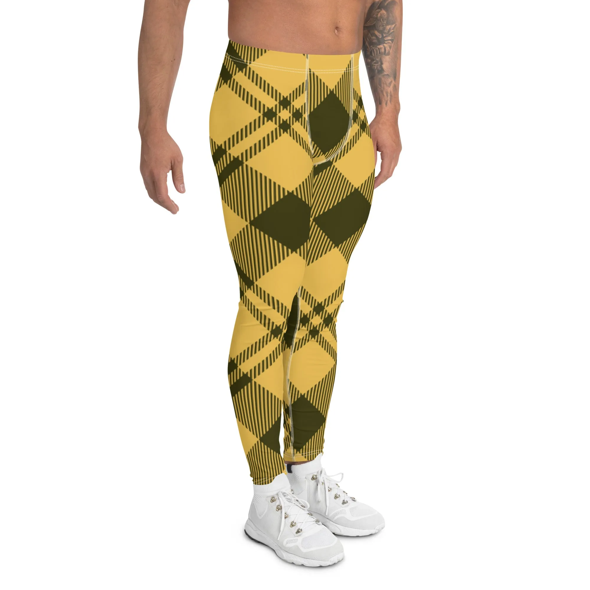 Yellow Plaid Print Men's Leggings, Plaid Print Classic Designer Men's Leggings - Made in USA/EU/MX