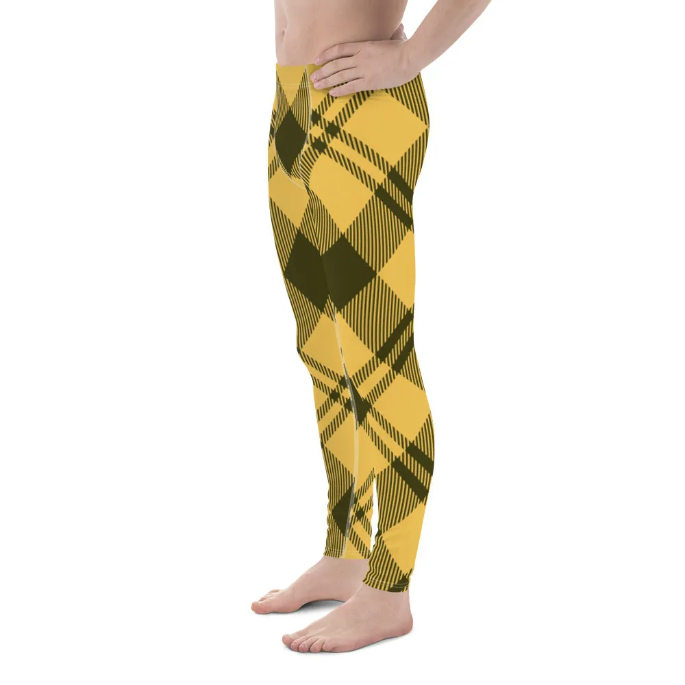 Yellow Plaid Print Men's Leggings, Plaid Print Classic Designer Men's Leggings - Made in USA/EU/MX